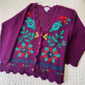 International Knitted by hand embroidery eggplant cardigan size L